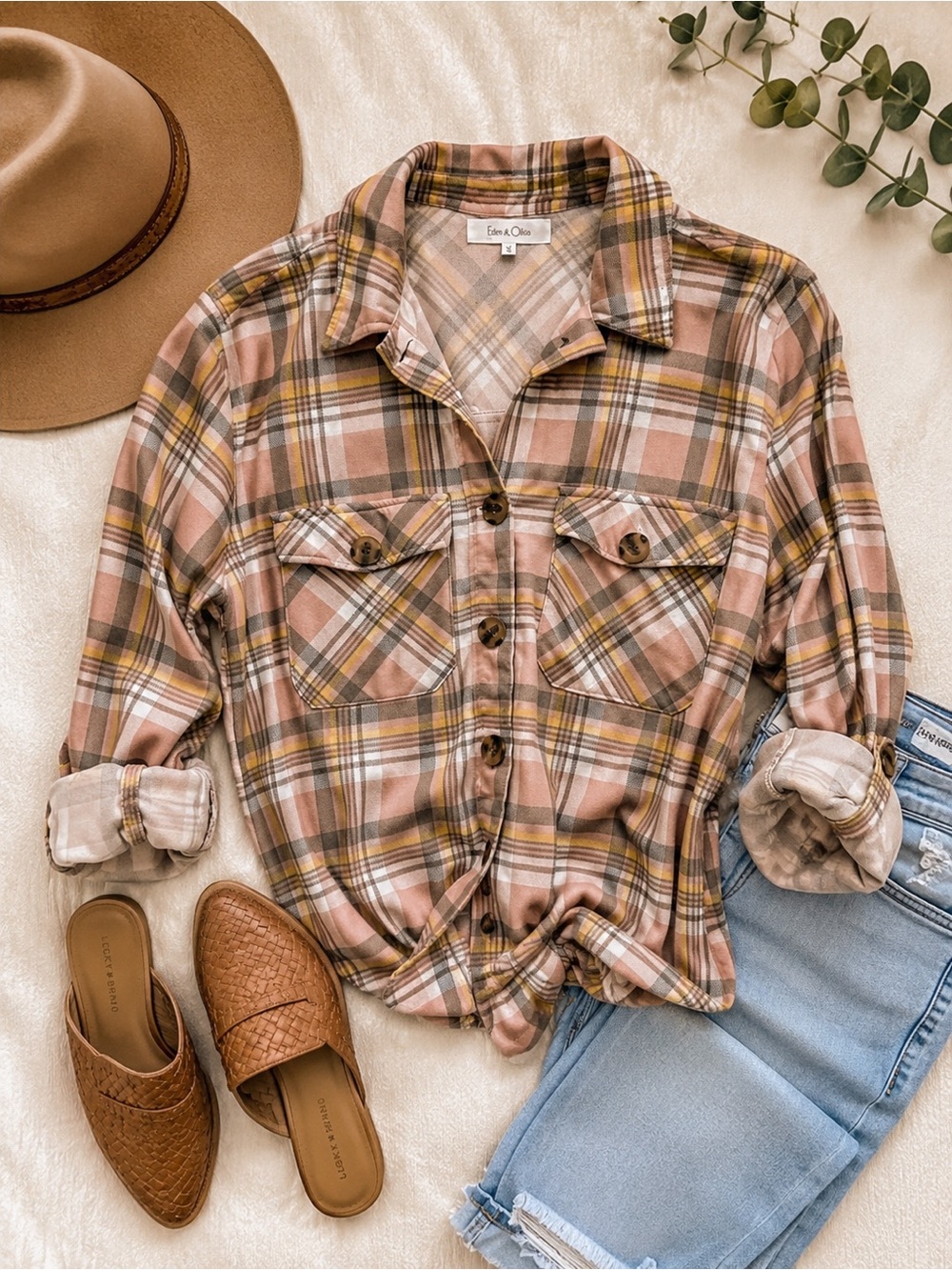 Eden & Olivia Pink Plaid Button-Front Shirt with Mustard Accents - Medium